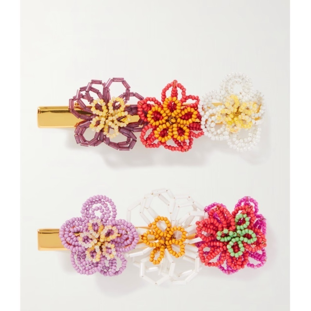 NIB CULT GAIA Fabi Set Of Two Gold tone Floral Beaded Hair Clips Pink